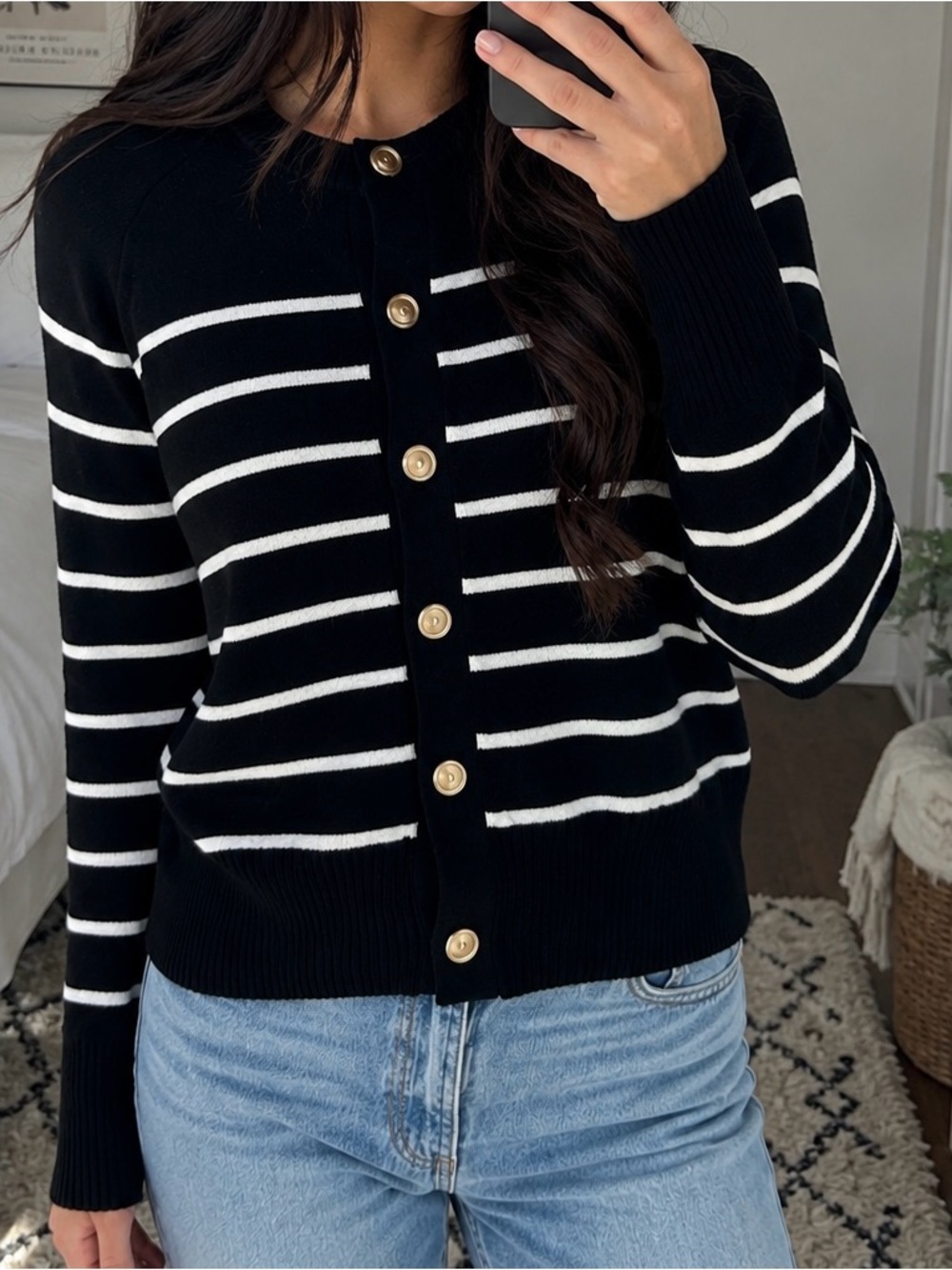 Classic Black & White Striped Gold Button-Front Sweater